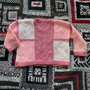 Pink kids hand made sweater measurements shown in photos